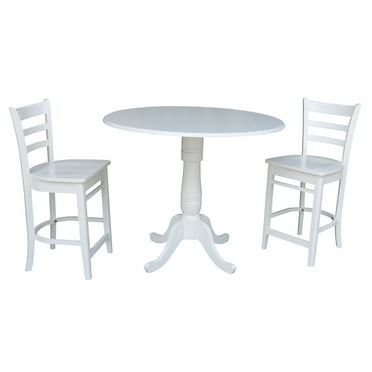 International Concepts 42"H Wood Round Top Pedestal Gathering Height Drop Leaf Table with 2 Counter Height Stools - White -Seats 2
