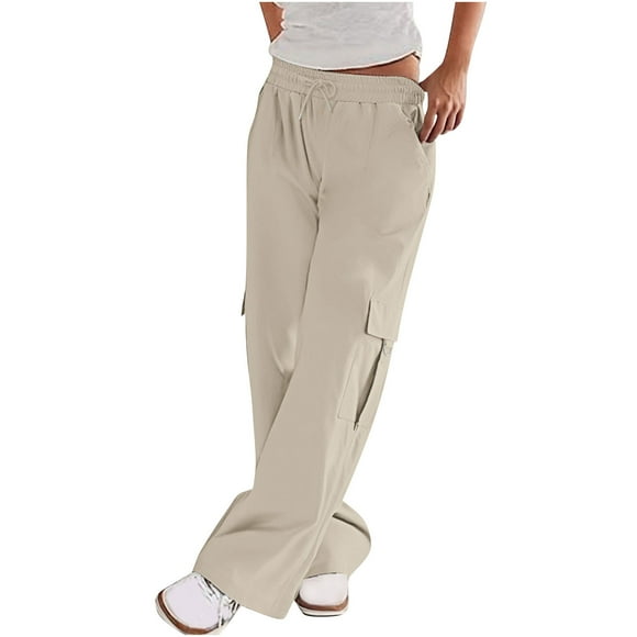 bbymog Cargo Pants Women Work Pants Summer Straight Leg Hiking Pants with Multi Pockets Casual Loose Oversized Cargo Pants for Women Beige M