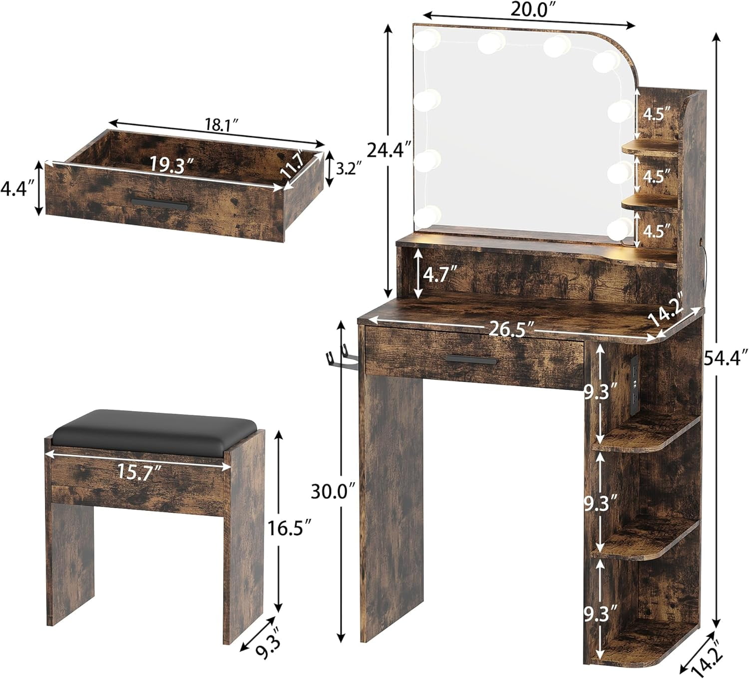 26.4" Small Makeup Vanity Set with Mirror and Lights, NEORIVER Modern Vanity Desk with Bench and Power Outlets
