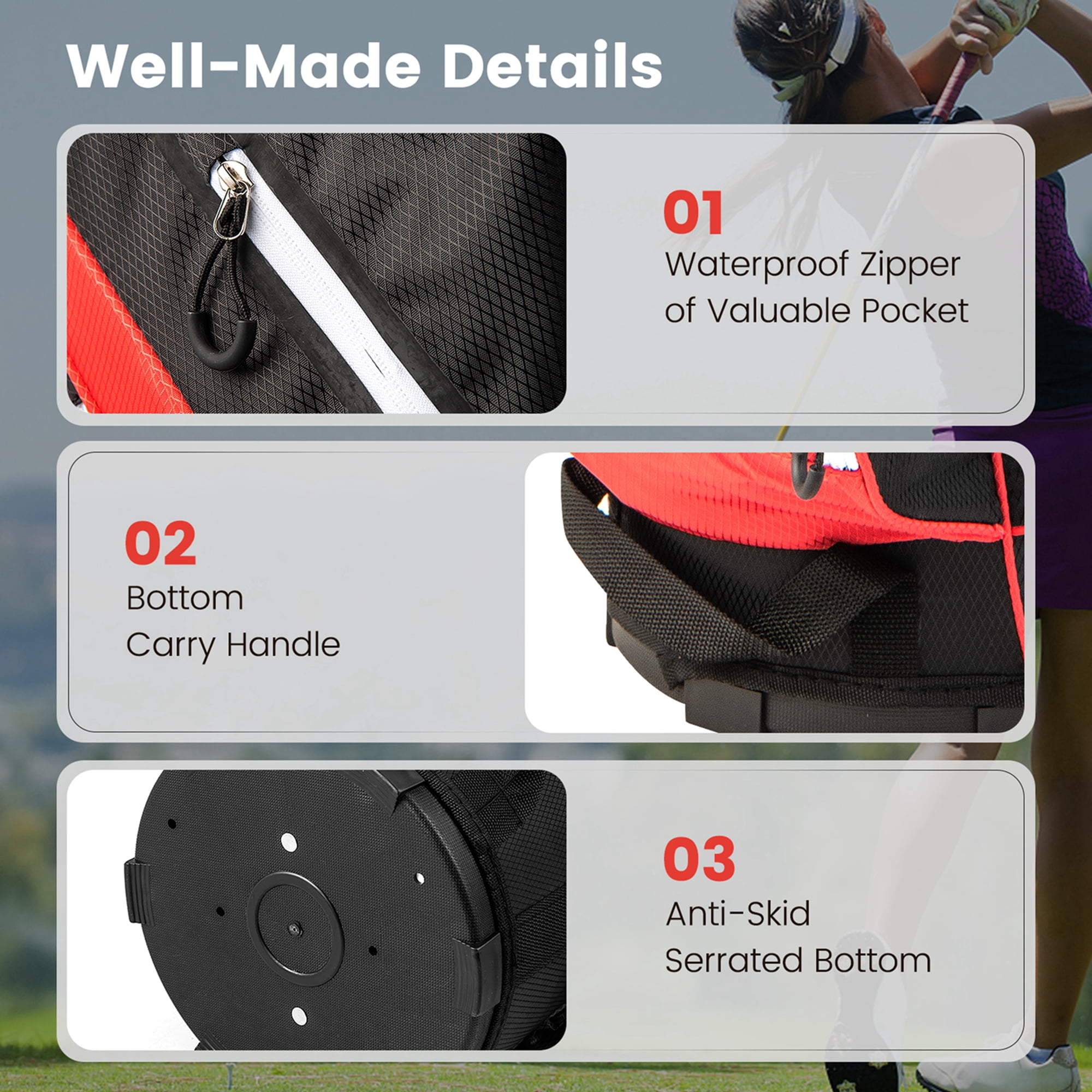 Costway Lightweight Golf Cart Bag with 14 Way Top Dividers 9 Pockets Rain Hood Cooler Bag Red