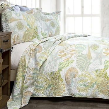 Coastal Beach Bedding Set, Nautical 3-Piece Microfiber Ocean Quilt, Coastal Reef, Full/Queen