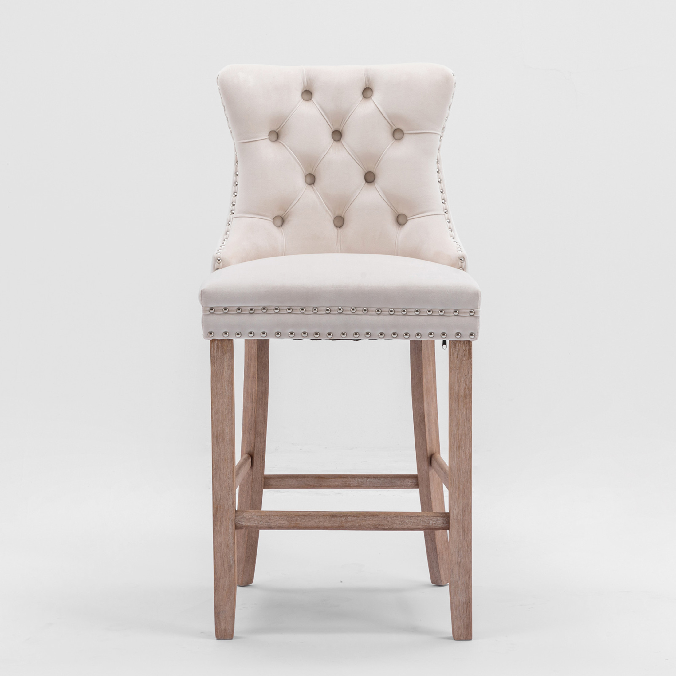 Button Tufted Upholstered Velvet Bar Stools with High Backrest, Solid Wood Legs, and Rivet Detailing, Beige, Set of 2