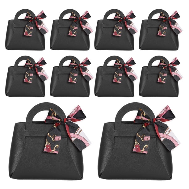 10Pcs Cajas de Regalo de Cuero PU con Asas, Bolsa de Favor de Fiesta de 6 x 3 x 6 Pulgadas con Cinta, Cajas de Regalo de Caramelo, Negra