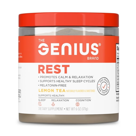 The Genius Brand Genius Rest Nootropic – Melatonin-Free Sleep Support Supplement for Calm & Relaxation – Lemon Tea – 30 Servings