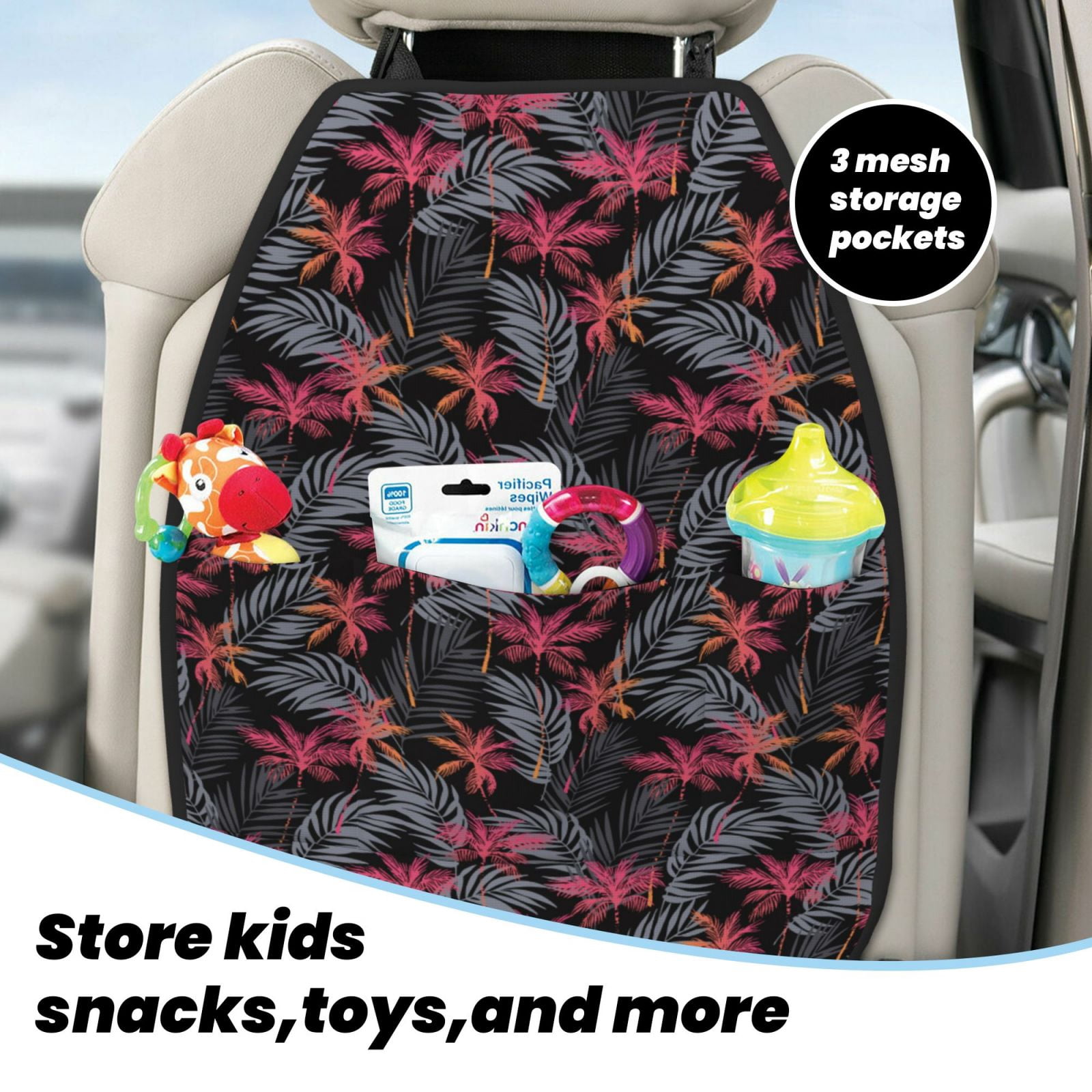 Kdxio Colorful Hawaii Palms Print 2 Pack Car Kick Mat Seat Cover Back Protector Mat with Pockets for Organizer Backseat Protector and Storage Anti Kick Pad for Vehicles