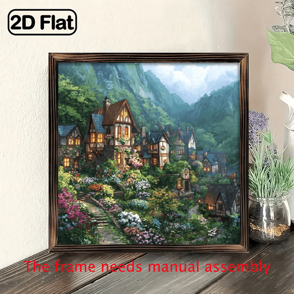 2D Flat - 1pc Rustic Fairytale Village Wall Sign - Wood Framed Wood Panel with Rustic Tale Houses, Suitable for Home, Spring Decoration, Entryway, Bedroom, Living Room, 8x8 Inch Decorative Signs