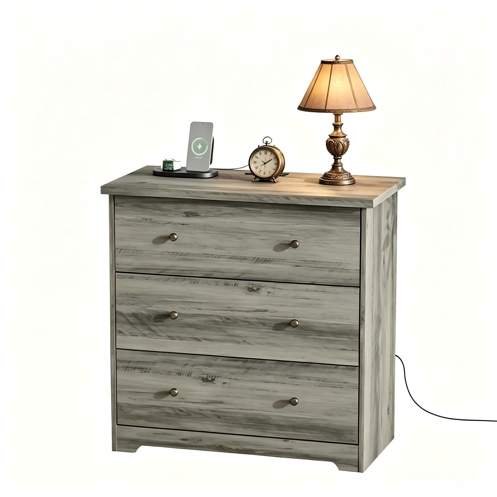 3-Drawer Nightstand, Grey, 31.5 x 15.75 x 30.5 in