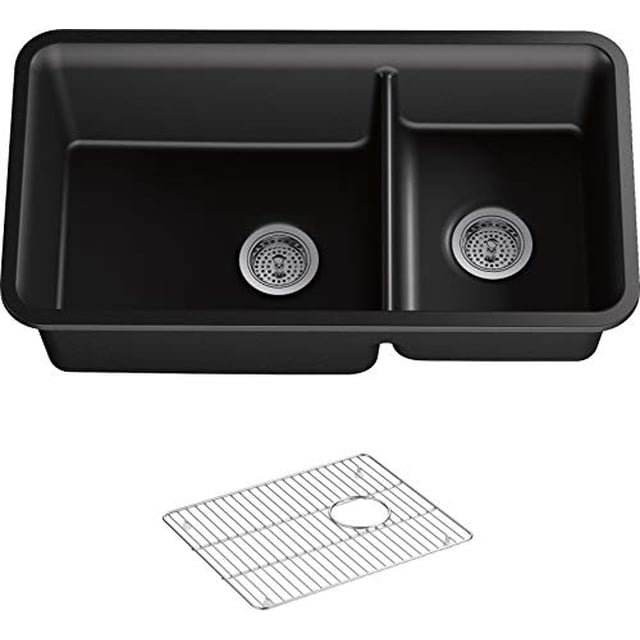 Kohler K-8204-CM1 Cairn Undermount Double Bowl Kitchen Sink with Basin Rack Large/Medium Matte Black