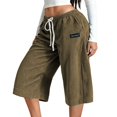 thumbnail image 2 of Corduroy Capri Pants for Women Summer Elastic Waist Drawstring Wide Straight Leg Casual Cropped Pants with Pockets, 2 of 6