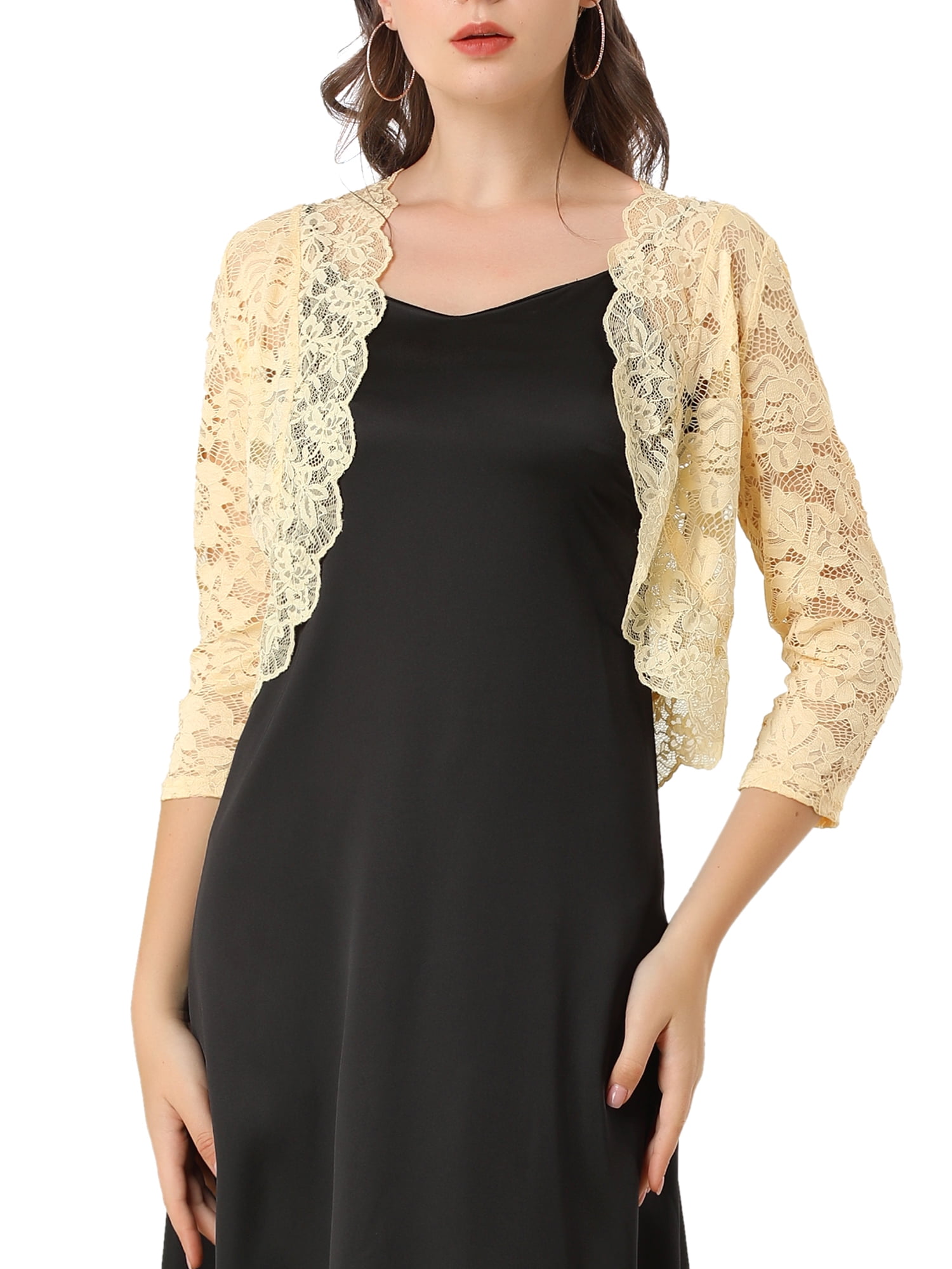 Unique Bargains Women's Elegant Cardigan 3/4 Sleeve Sheer Floral Lace