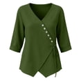 thumbnail image 5 of Qulqfy Cotton Linen Shirts for Women Fall Solid Casual 3/4 Sleeve Green Asymmetrical Hem V-Neck Tie Fashion Button Tshirts L, 5 of 6