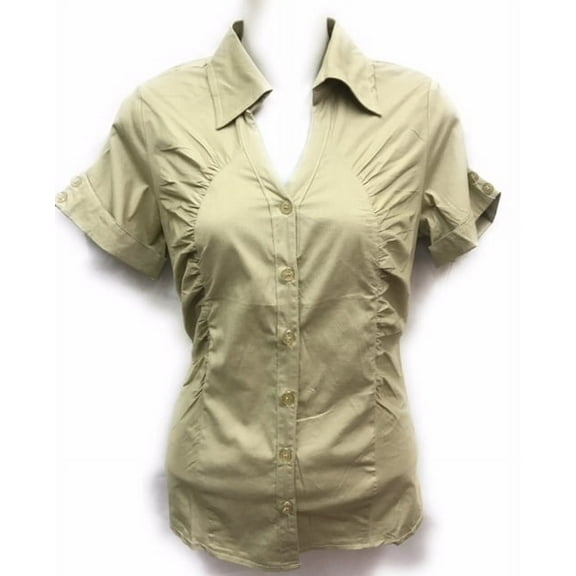 Womens Stretch Woven Button Down Short Sleeve Shirt