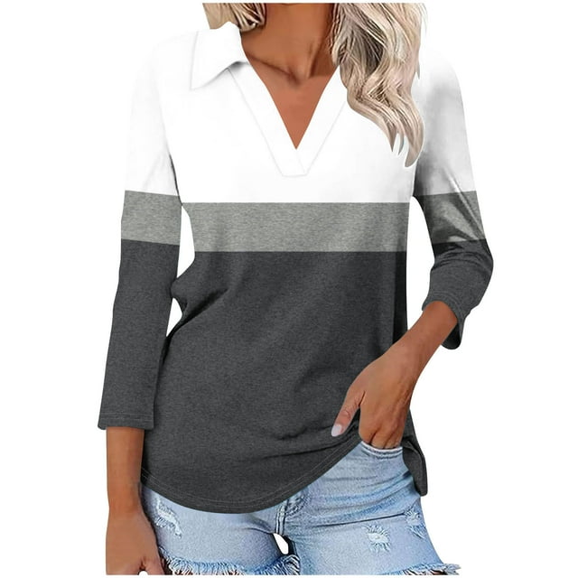DPTALR Women's Color Matching T-shirt V-neck Lapel 3/4 Sleeve Top