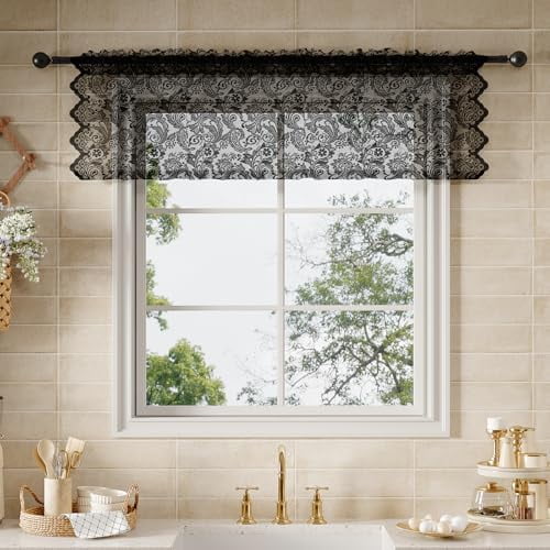 Black Lace Semi-Sheer Kitchen Valance Curtains – Vintage Floral Lace Valance for Bedroom, Light Filtering Rod Pocket Window Treatment, Elegant Scalloped Valances, 1 Panel, 52W x 18L Inch