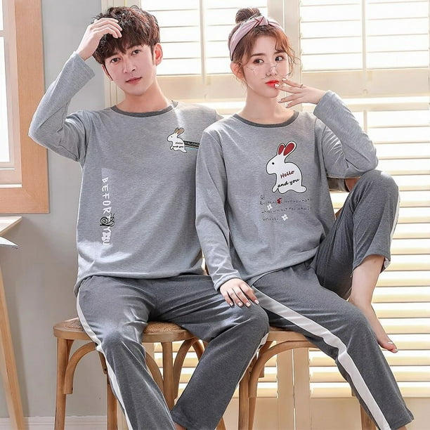 Conjunto de pijamas de dibujos animados para hombre y Mujer ropa de dormir de algodon para parejas Tops largos para dormir pantalones otono y primavera Walmart en linea