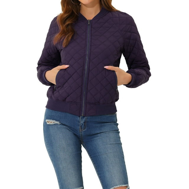 INSPIRE CHIC Blouson Matelassé Bomber à Col Montant à Fermeture à Glissière à Manches Raglan pour Femme TP Violet Foncé