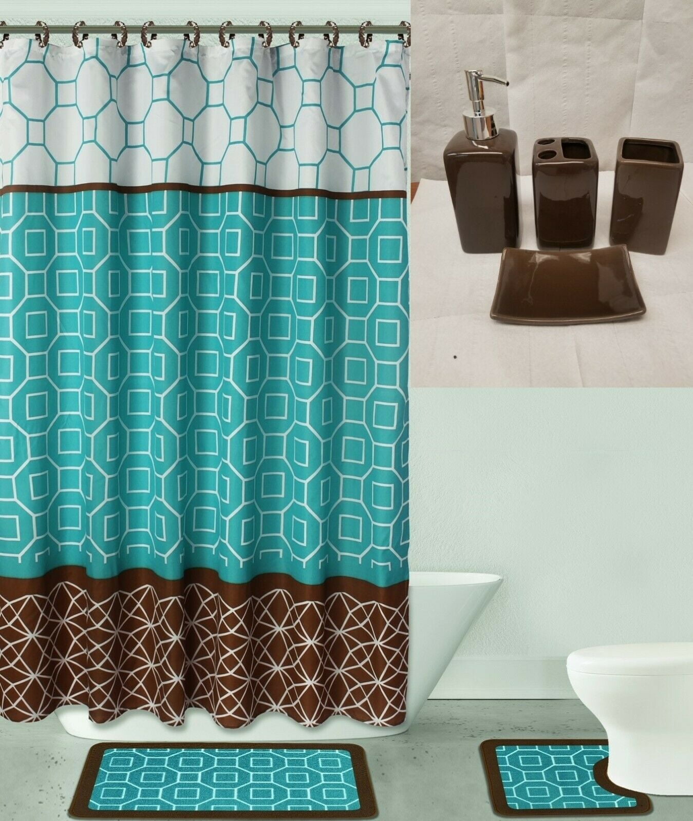 19-Piece Bathroom Set : 2-Rugs/Mats Non Slip, 1 Fabric Shower Curtain, 12-Fabric Rings, 4PC Ceramic Accesories Different Styles And Colors For Home Bath Decor Diamond Brown