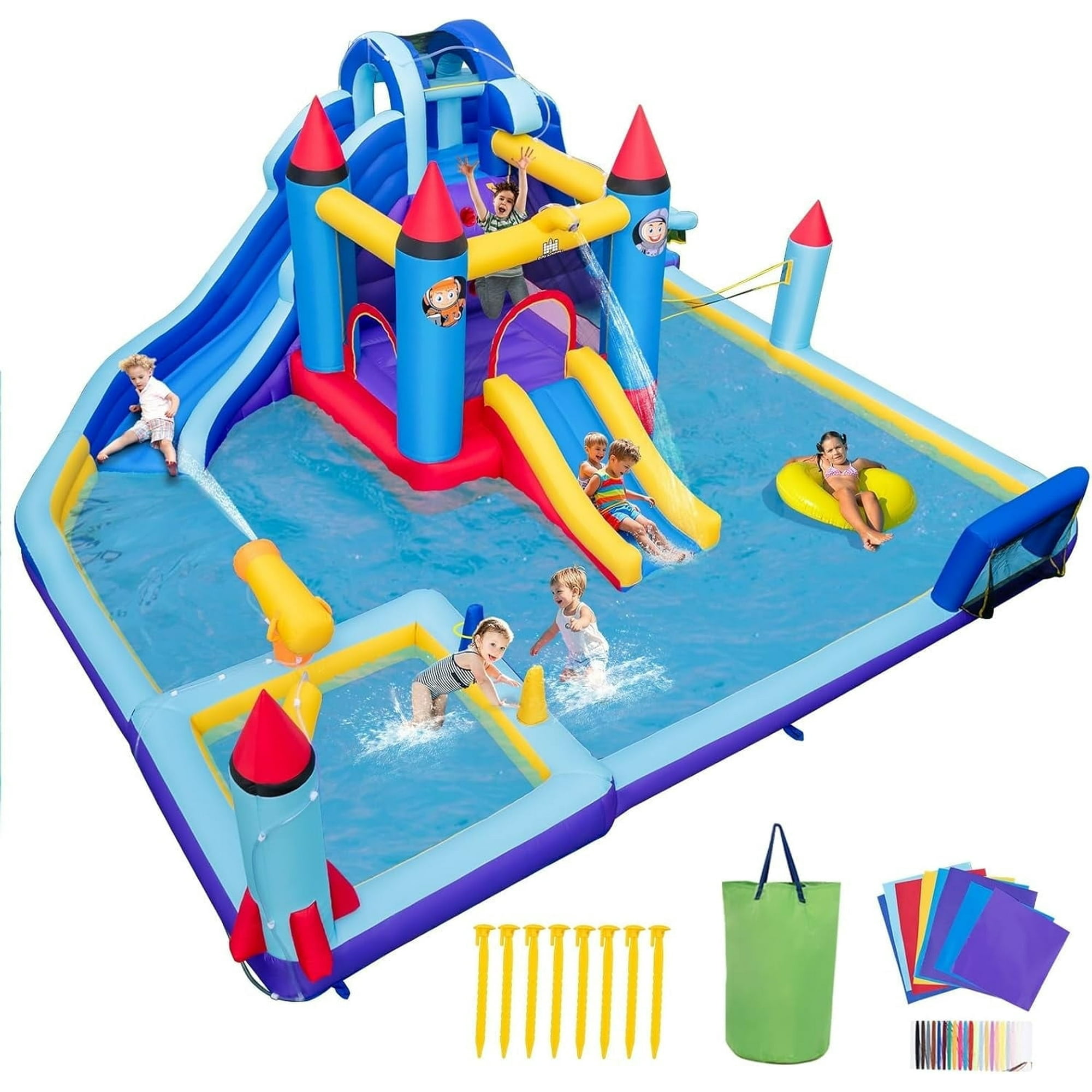 OLAKIDS Inflatable Water Slide 10 in 1 Rocket Theme Bounce House Water Park with 2 Slides Splash Pool Volleyball Soccer Gate Outdoor Inflatable Obstacle Course for Kids Backyard (Without 950W)