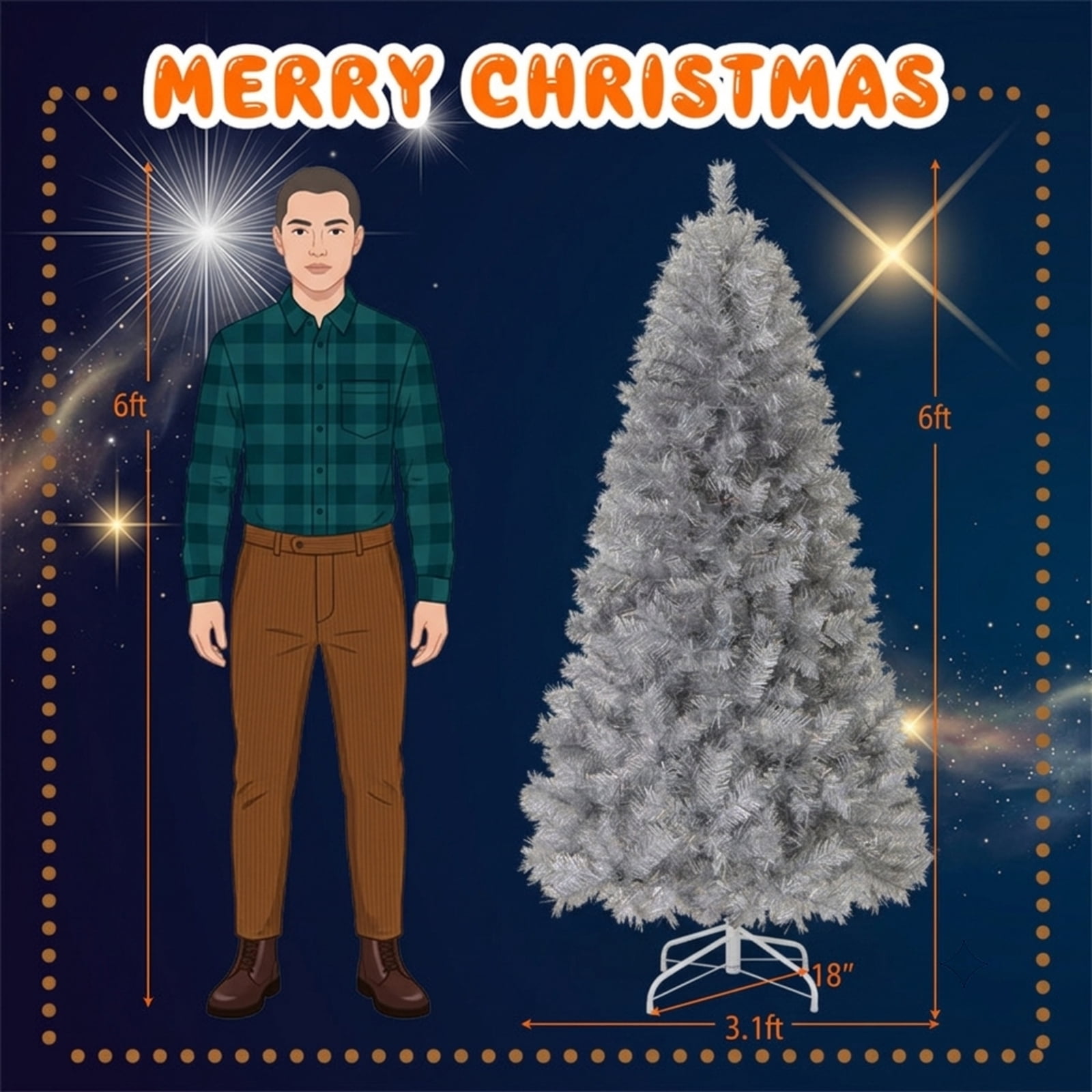 RUIE 6 ft Silver Tinsel Christmas Tree, Pre-Lit Artificial Xmas Tree with 230 LED Lights and 553 Branch Tips, Metallic Holiday Tree