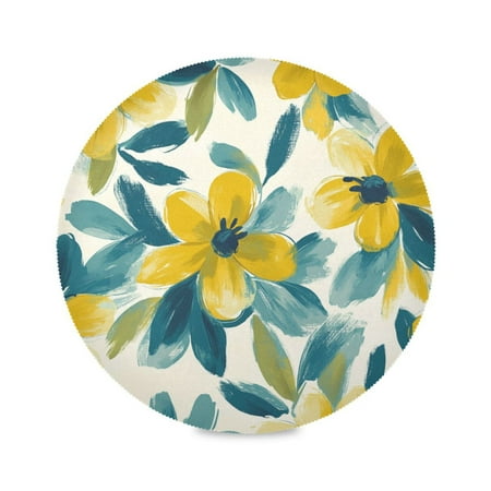 

WOBOGO Yellow and Teal Flowers Round Placemats Set of 4 Heat Resistant Washable Kitchen Table Decorations 15.4in