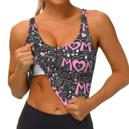 Qokaie Lovely Mom Ever Pattern Womens Scoop Neck Sports Bra Breathable Workout Vest Padded U Back Medium Impact Fitness Gym Yoga Bra Workout Crop Top