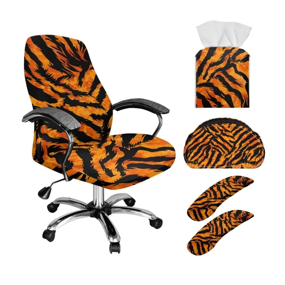 ZIATUBLES Tiger Stripe 5 Piece Office Decor Set, Chair Cover with Armrest Slipcover, Remote Control Holder and Folding Tissue Box Organizer Office Decorative Accessories, S