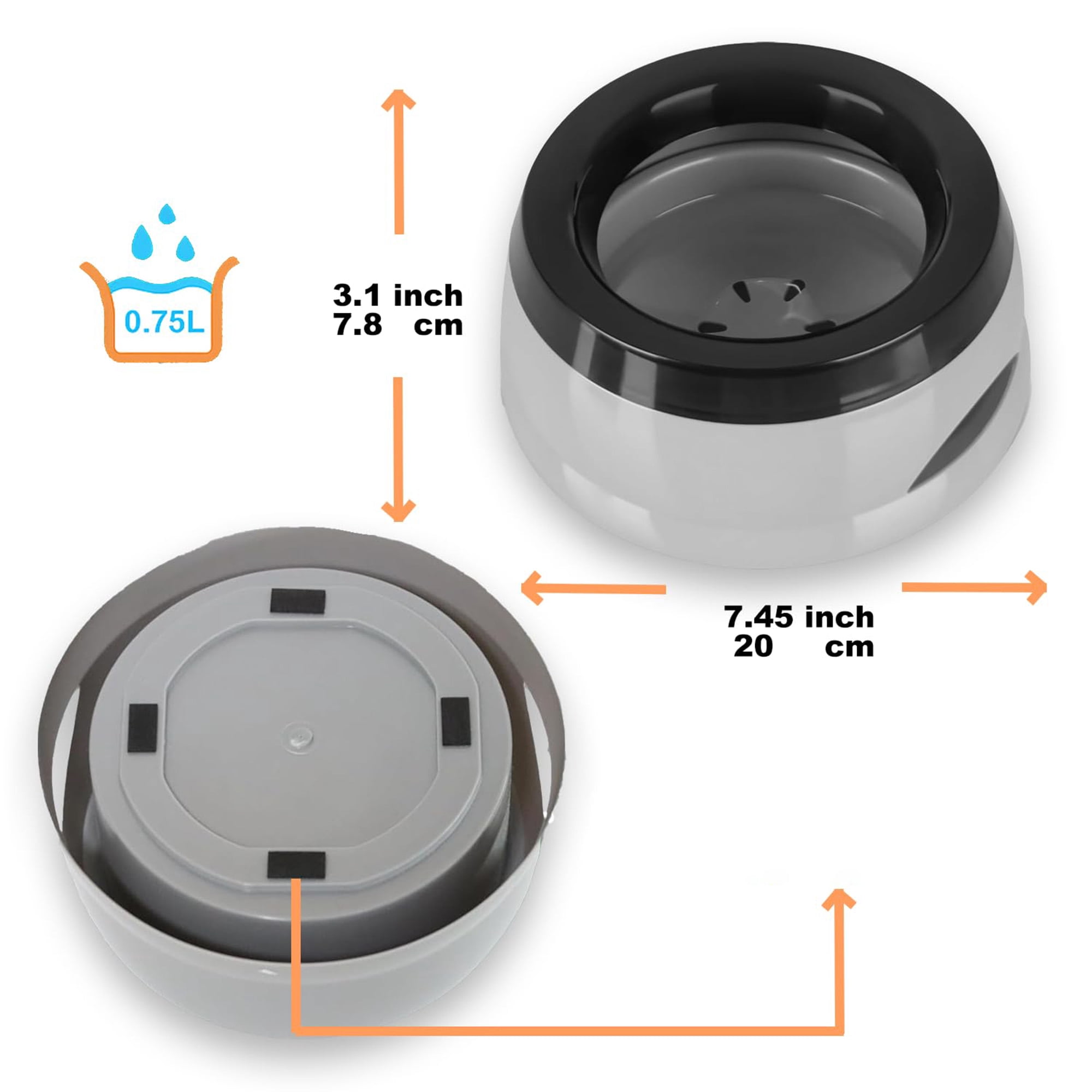 Slow feeder dog water bowl 25oz, spill proof pet water dispenser for small medium dogs cats puppies kittens, portable no splash trael bowl for car home outdoor, non slip rubber base, grey