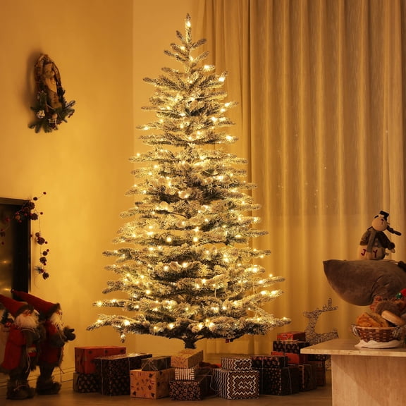 HOMCOM 6.5 ft Pre-Lit Mountain Pine Artificial Christmas Tree, Snow Flocked Christmas Tree, Hinged Xmas Tree with 400 LED Lights and 990 Branch Tips for Holiday Party Decoration, Green