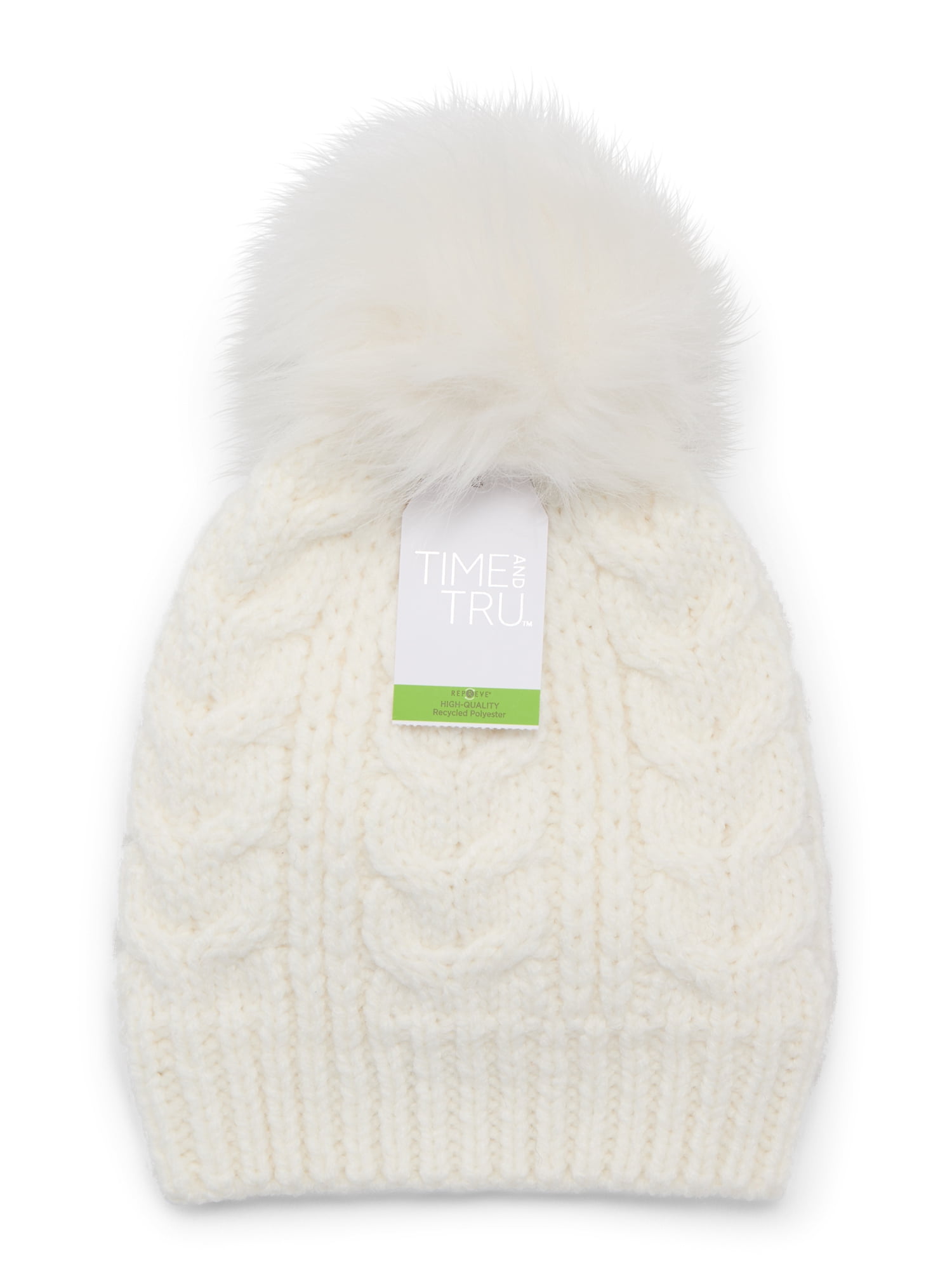 Time and Tru Women's Cable Pom Beanie, One Size Fits Most, Winter White