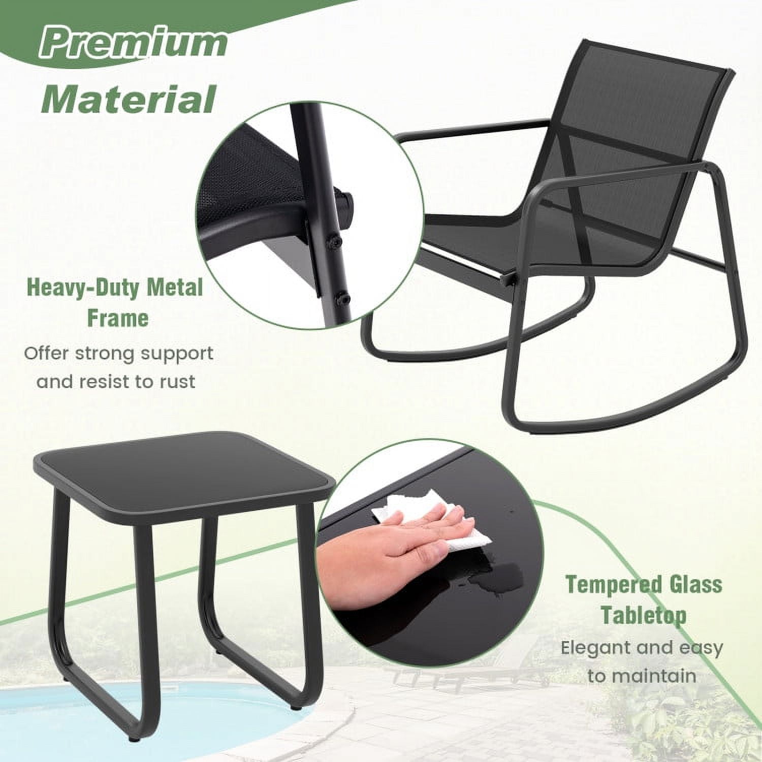 Aimee Lii Patio Furniture Set with 2 Rocking Bistro Chairs and Glass Top Table for Porch Yard Balcony, Black Aimee Lii Patio Furniture Set with 2 Rocking Bistro Chairs and Glass Top Table for Porch Yard Balcony, Black