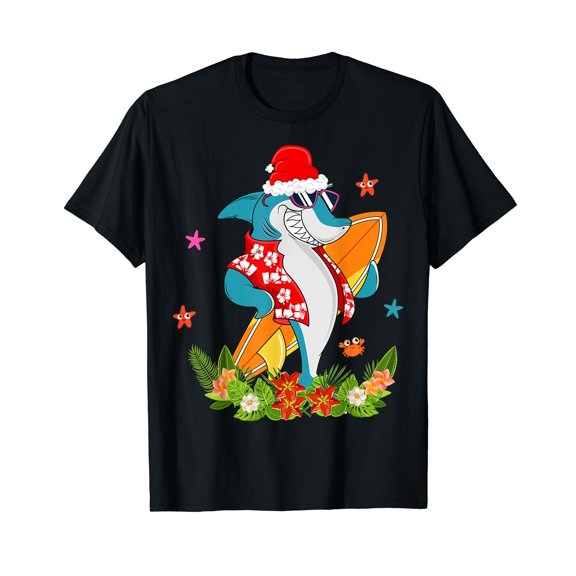 Funny Shark Hawaiian Summer Surfing Shark Christmas in July T-Shirt