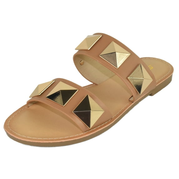Soda Shoes Women's Sandals Double Strap Flip Flops Slides Large Gold Studded CETUS-S Camel Tan Brown 11
