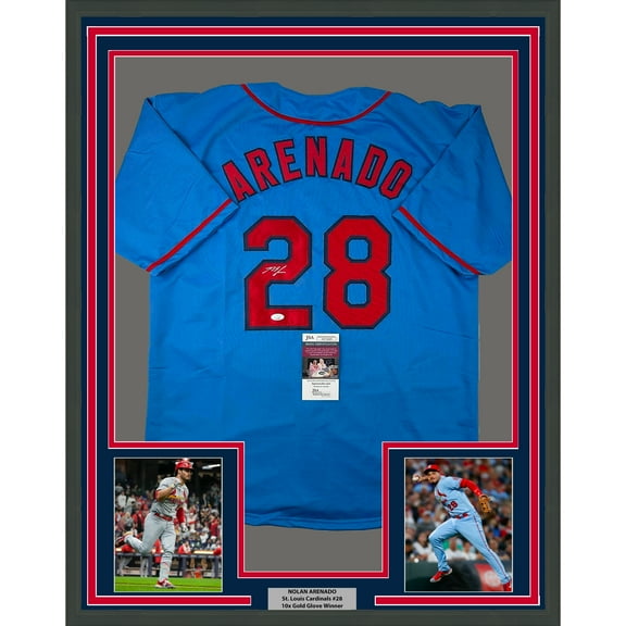 Framed Autographed/Signed Nolan Arenado 35x39 St. Louis Blue Baseball Jersey JSA COA
