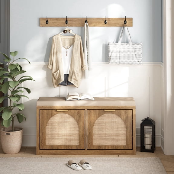 40'' Entryway Bench with Storage Drawers, Rattan Shoe Storage Wood Bench, Shoe Cabinet for Indoor Hallway