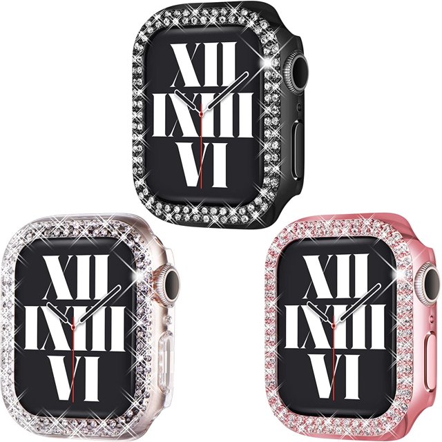3-Pack Crystal Rhinestone Bumper with Apple Watch Case for Series 6 5 4 3 2 1 SE Bling Face Cover Sparkling Frame for iWatch Women Girls (38mm, Black/Pink/Clear)