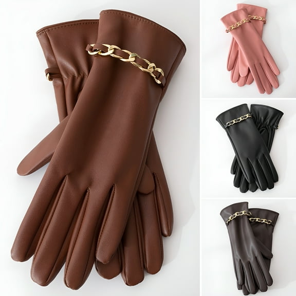 TELOLY 1 Pair Chain Decor Elastic Leather Women Gloves Winter Fleece Lining Full Finger Driving Gloves