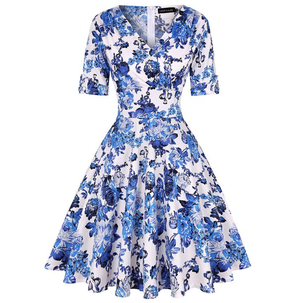 MintLimit Women's 1950s Vintage Wrap Deep V Neck Half Sleeve Retro Cocktail Swing Dress