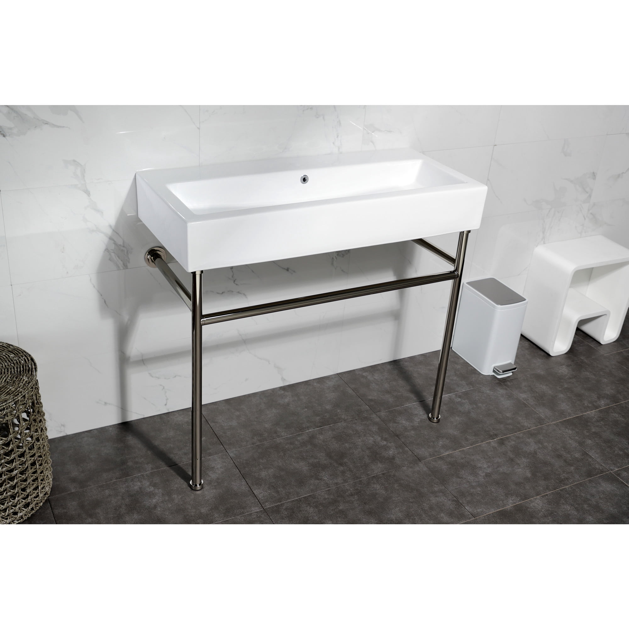 Kingston Brass VPB3917H6ST New Haven 39" Porcelain Console Sink with Stainless Steel Legs, White/Polished Nickel