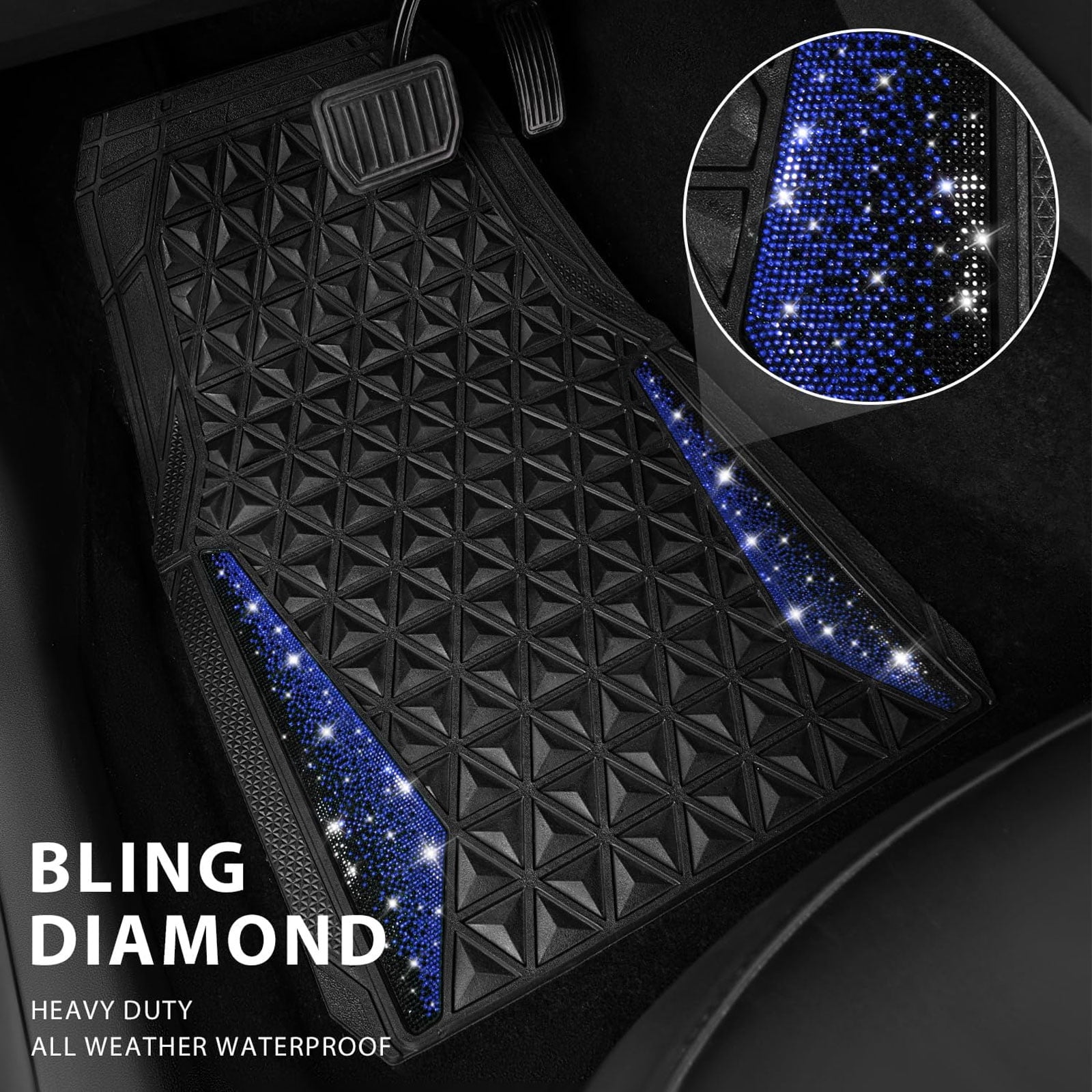 CAR GRAND Bling diamond rubble automotive floor mats full set anti-slip water proof universal fit glitter crystal sparkly shining rhinestone girl woman lady femal Black blue