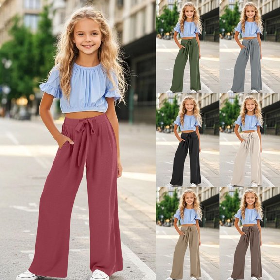 Pants for Girls Girls Wide Leg Loose Stretchy Soft Casual Trousers Everyday Play Beige 4-5 Years