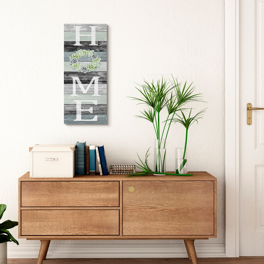 Stupell Industries Succulent Wreath Welcome Home Sign Green Black Canvas Wall Art Design by Kim Allen, 13" x 30"