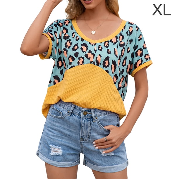 Camiseta de mujer de manga corta, cuello redondo, estampado, empalme, camiseta informal, amarillo, XL Scienceny AP001236-12