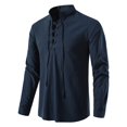 thumbnail image 4 of SWSMCLT Men's Linen Cotton Shirt Soft Spring Henley Shirt Long Sleeve Lace Up Top Vintage Mock Neck Casual Fall Fashion Slimming Navy Large, 4 of 5