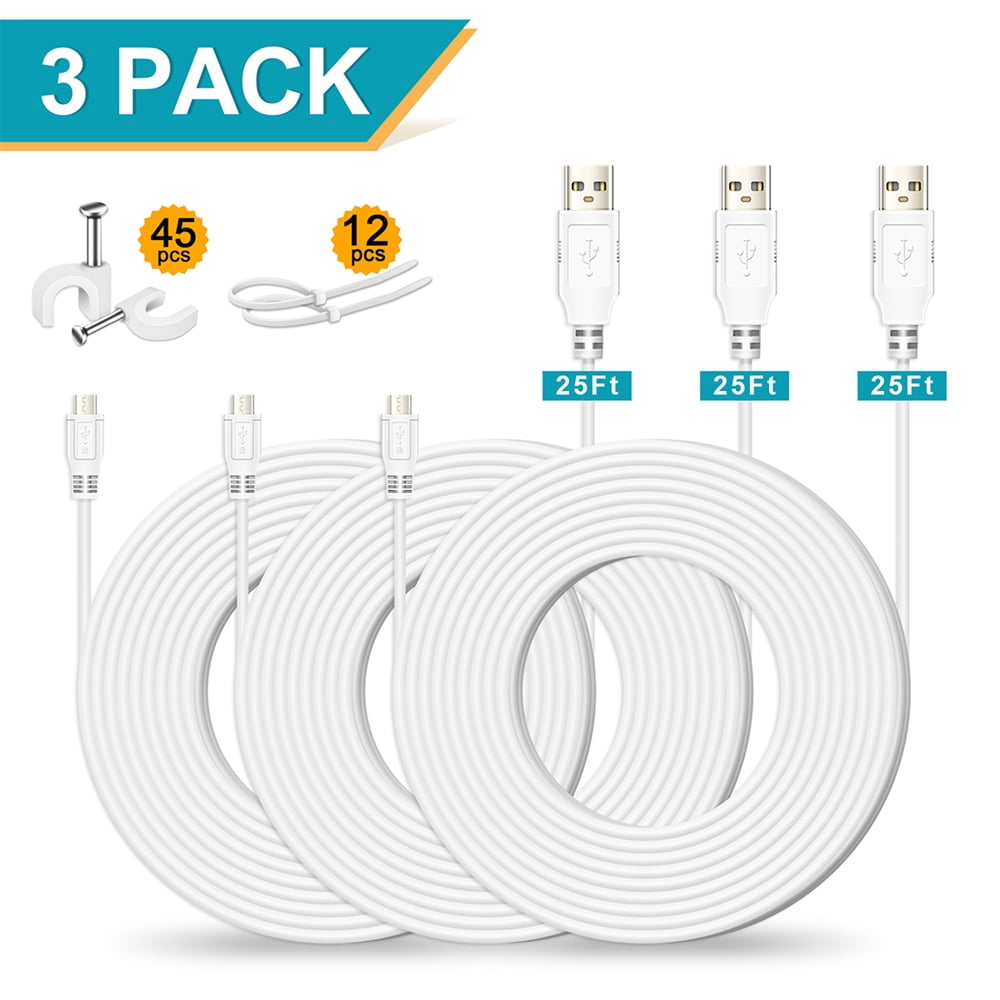 4-Pack 25ft Micro USB Cable Flat Compatible for Wyze Cam Extension Power Cord with Wire Clips Oculus Go NestCam Indoor