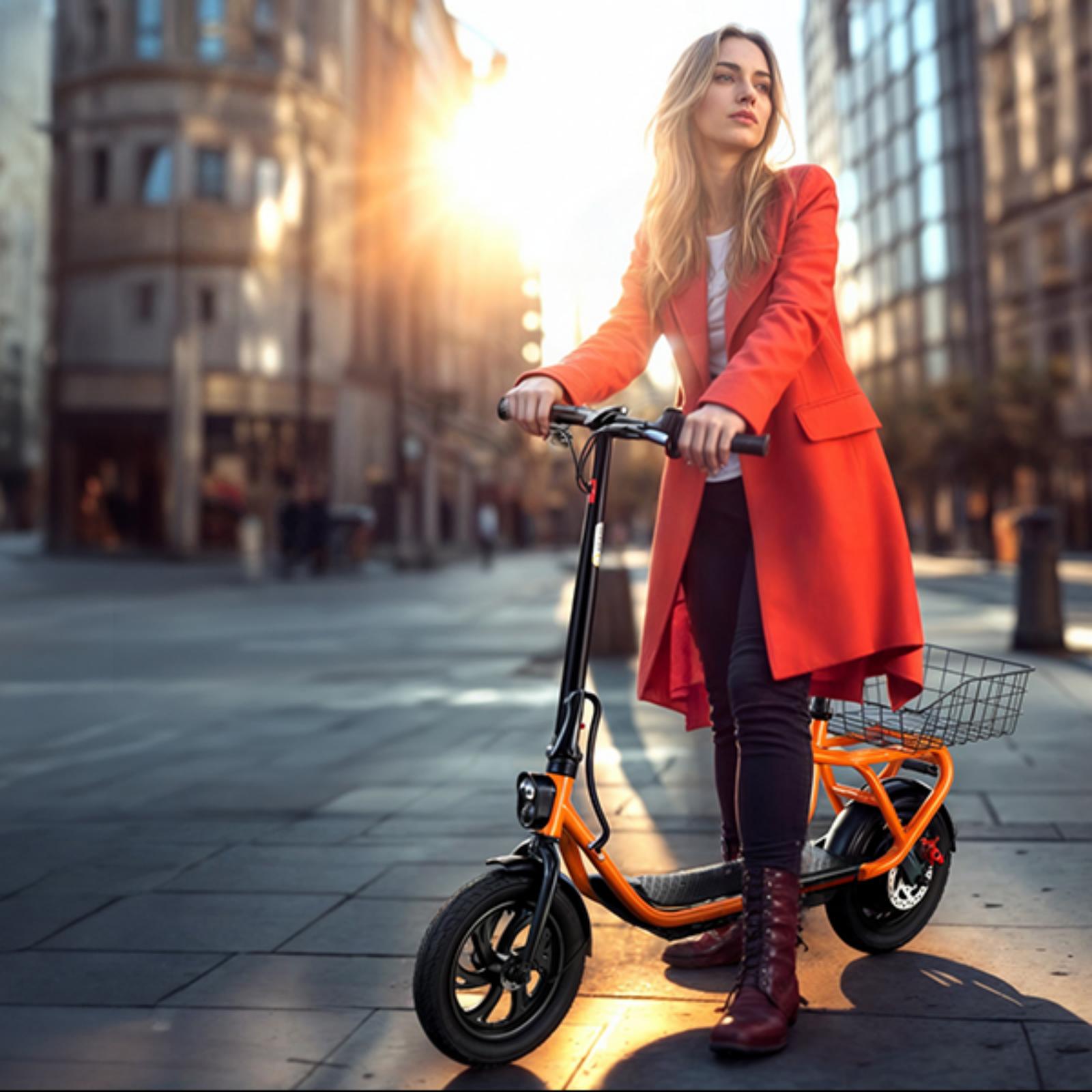 SISIGAD Electric Scooter with Seat, Pneumatic Tires, Peak 600W Motor, Top Speed 19Mph, 20 Miles Long Range, Folding E-Scooter for Commuting with Dual Braking System, Orange