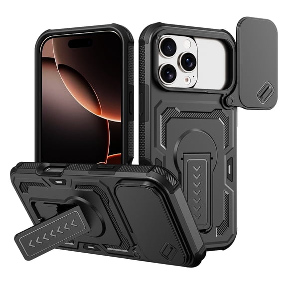 for iPhone 17 Pro Phone Case with Sliding Camera Cover, Military Grade Shockproof Protection Mobile Case with Kickstand & Matte Textured Rugged TPU PC Protective Hybrid Cover, Black
