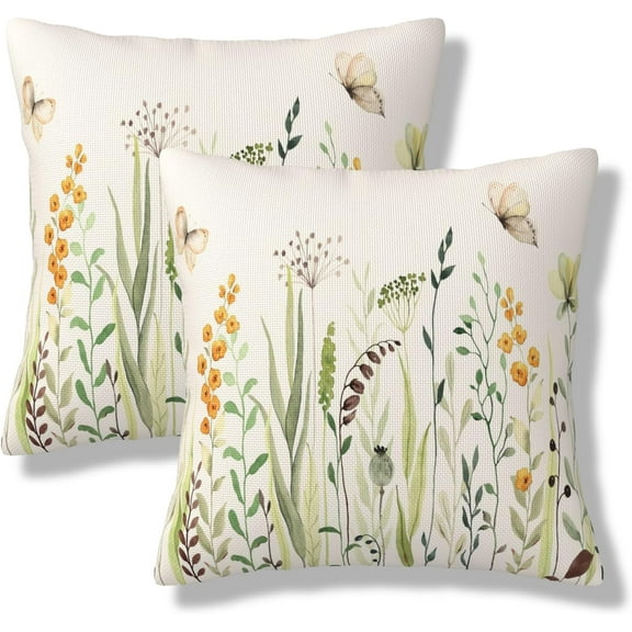 Spring Summer Floral Throw Pillow Covers Yellow Flowers Square Pillow Cases 20x20 Inch Set of 2 Green Leaves Butterfly Outdoor Decorative Pillowcase Cushion Cover for Couch Sofa