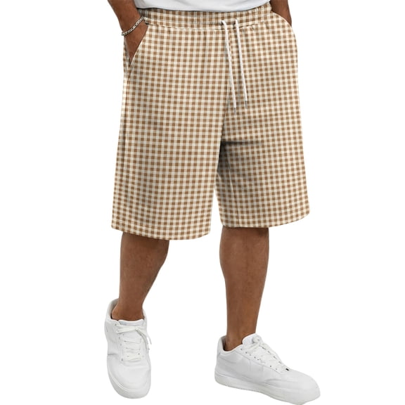 HKYNLAG Men's Casual Plaid Shorts Knee Length Elastic Waist Drawstring Bermuda Shorts Summer Beach Vacation Brown S