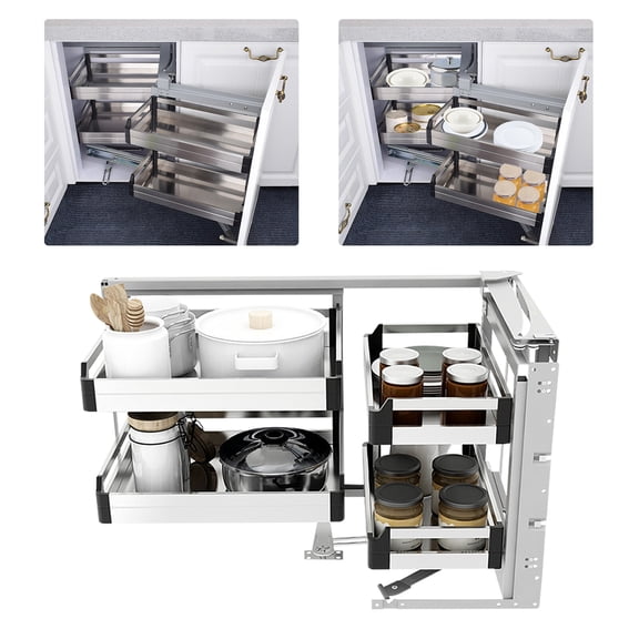 2 Tier Kitchen Blind Corner Basket Storage Organizer Soft Close Pull Out Cabinet 18.3*15.3*3in Used in a Coffee Cabinet and Kitchen Closet