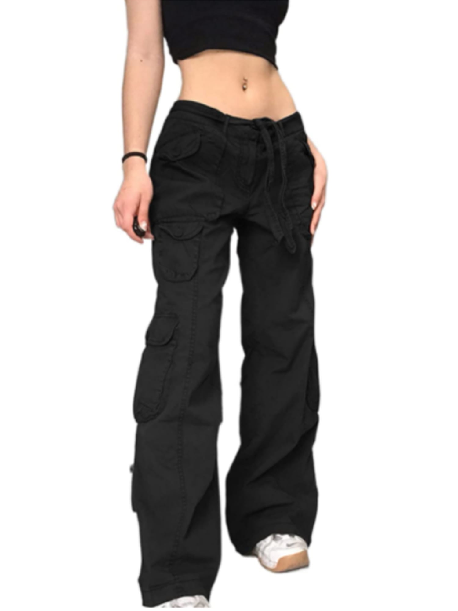 Sunisery Women Baggy Jeans 90s Streetwear Vintage Straight Cargo Pants with  Pockets Low Waist Denim Trousers Black S